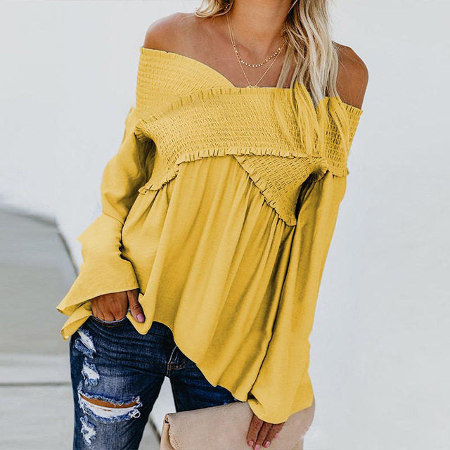 Women Sexy Off Shoulder Shirts Irregular Hem Blouse Shir