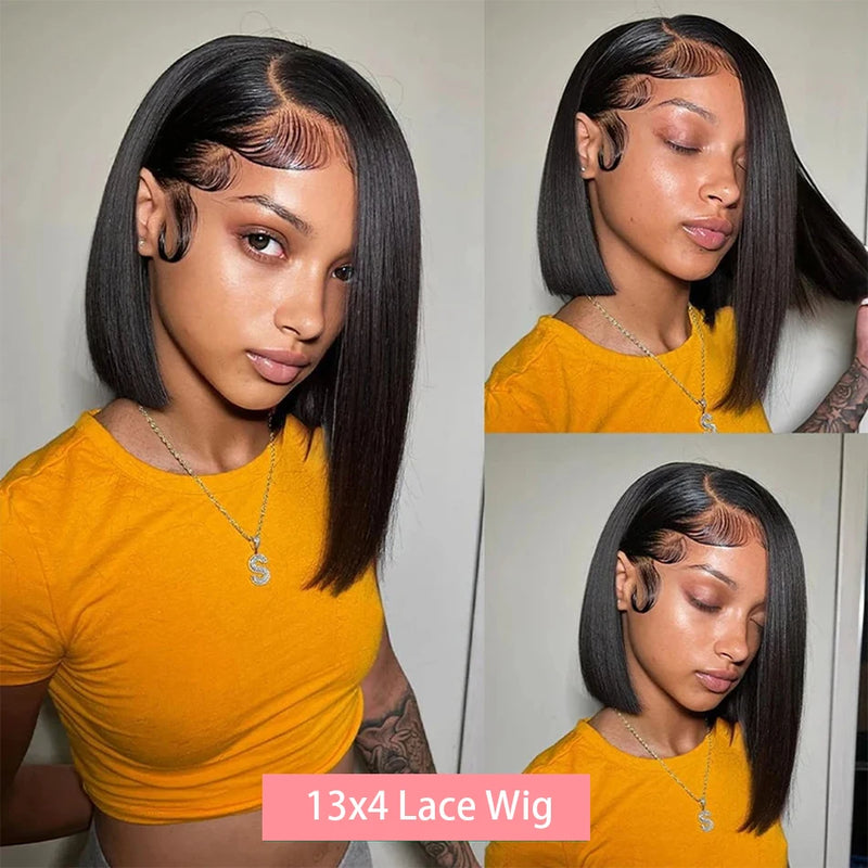 13x4 Straight Lace Frontal Bob Wig Pre Plucked 4x4 Human Hair Wigs Brazilian Remy Bone Straight Short Bob Wig For Women 14 Inch