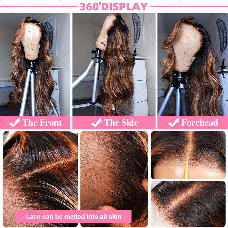 30 inch Brazilian Body Wave Highlight Ombre Colored 13x4 Lace Front Wig Human Hair 1B/30 Black Brown Lace Frontal Wig For Women