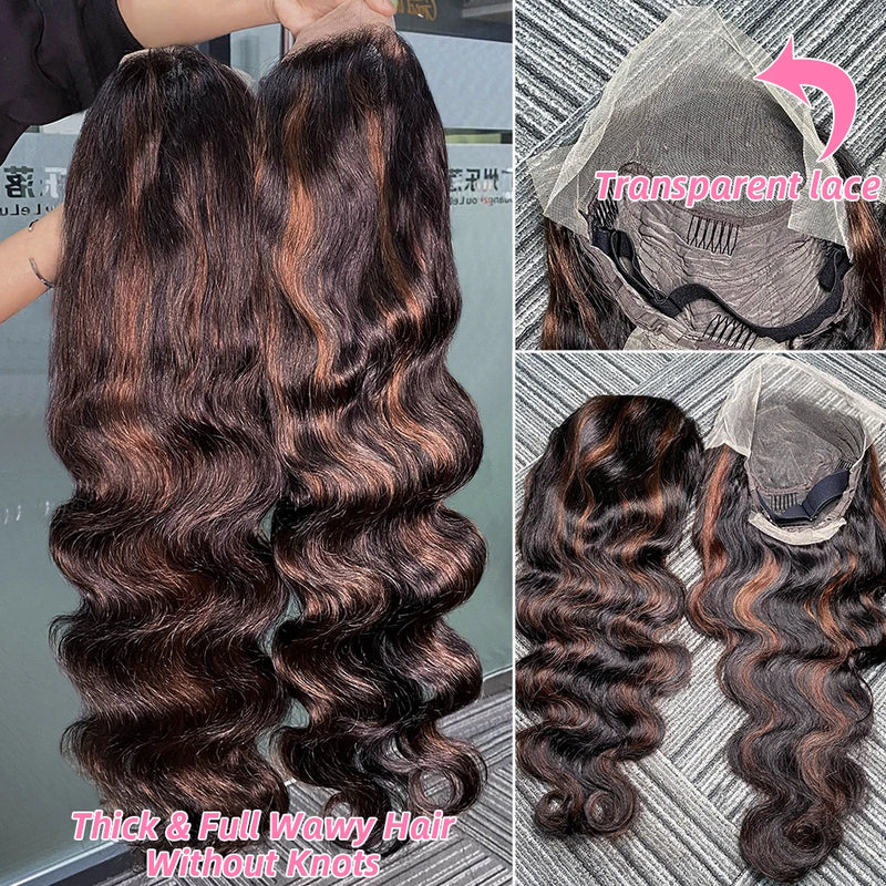 30 inch Brazilian Body Wave Highlight Ombre Colored 13x4 Lace Front Wig Human Hair 1B/30 Black Brown Lace Frontal Wig For Women