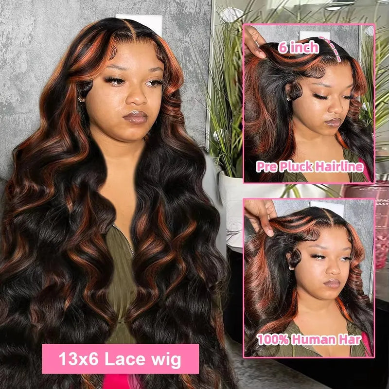 30 inch Brazilian Body Wave Highlight Ombre Colored 13x4 Lace Front Wig Human Hair 1B/30 Black Brown Lace Frontal Wig For Women