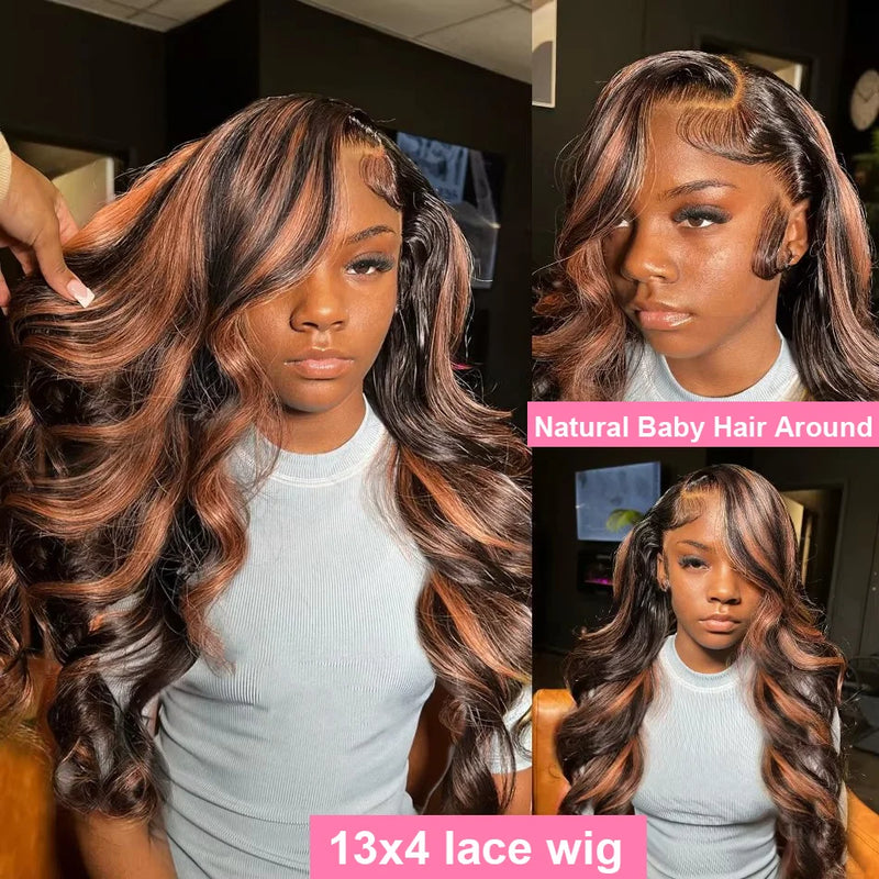 30 inch Brazilian Body Wave Highlight Ombre Colored 13x4 Lace Front Wig Human Hair 1B/30 Black Brown Lace Frontal Wig For Women