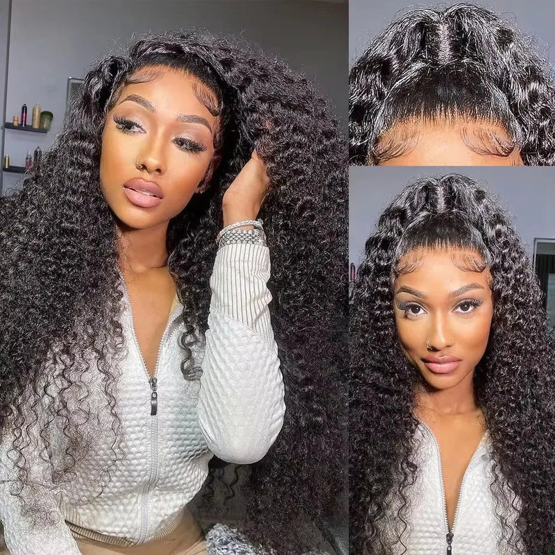 Black Color 13X4 Lace Frontal Synthetic Wig For Black Women Deep Curly Prepluck Bleached Knot Baby Hair Cosplay Daily Party