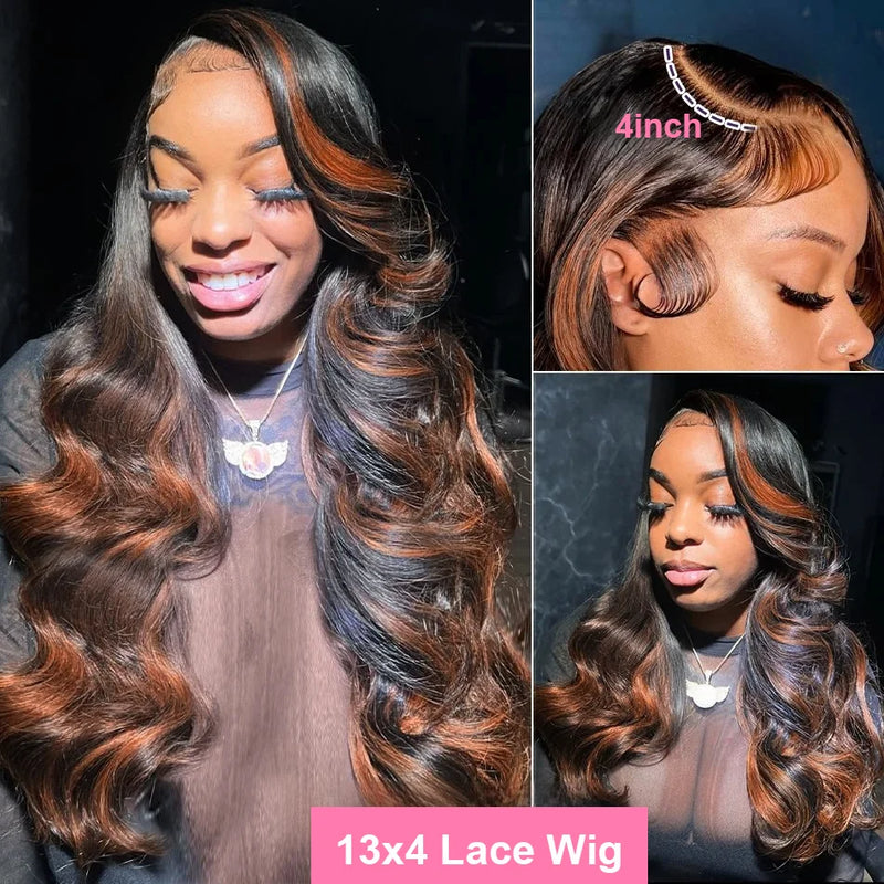 30 inch Brazilian Body Wave Highlight Ombre Colored 13x4 Lace Front Wig Human Hair 1B/30 Black Brown Lace Frontal Wig For Women