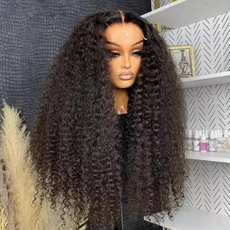 Black Color 13X4 Lace Frontal Synthetic Wig For Black Women Deep Curly Prepluck Bleached Knot Baby Hair Cosplay Daily Party