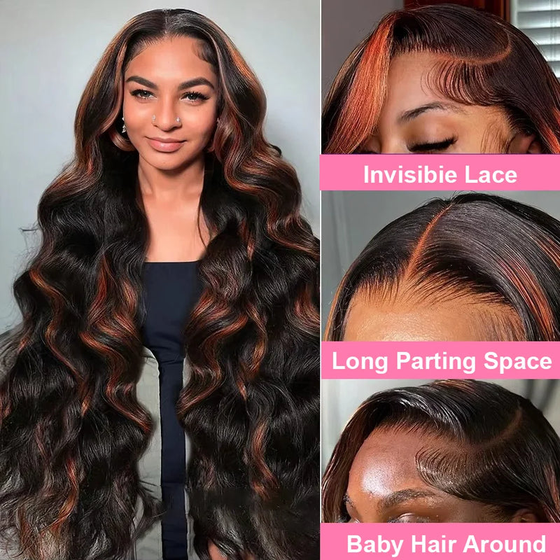 30 inch Brazilian Body Wave Highlight Ombre Colored 13x4 Lace Front Wig Human Hair 1B/30 Black Brown Lace Frontal Wig For Women