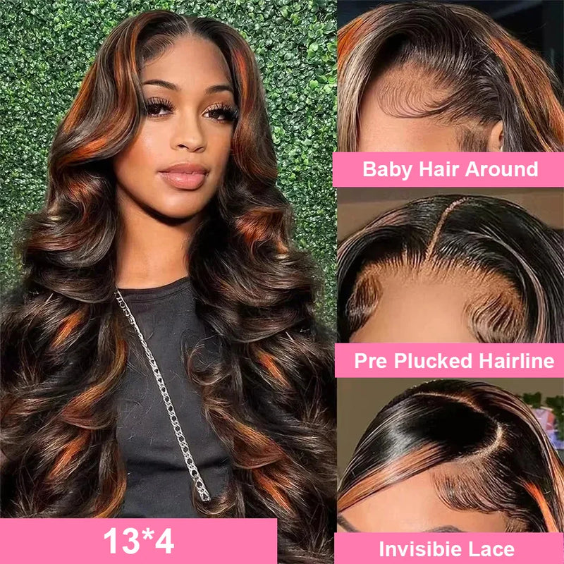 30 inch Brazilian Body Wave Highlight Ombre Colored 13x4 Lace Front Wig Human Hair 1B/30 Black Brown Lace Frontal Wig For Women